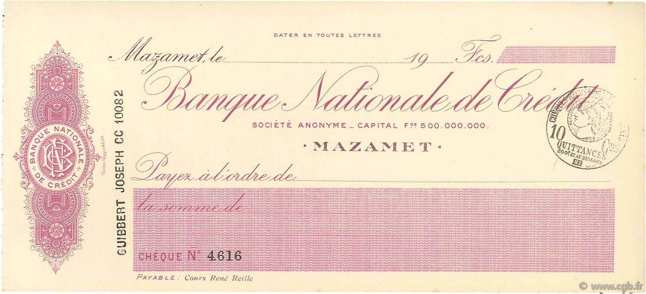 Francs FRANCE regionalismo y varios Mazamet 1915 DOC.Chèque SC