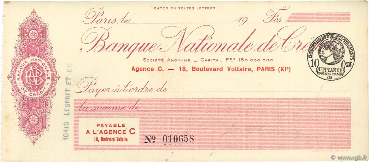 Francs FRANCE Regionalismus und verschiedenen Paris 1915 DOC.Chèque VZ