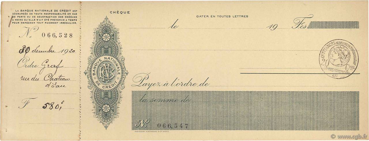 Francs FRANCE regionalism and miscellaneous Paris 1915 DOC.Chèque XF