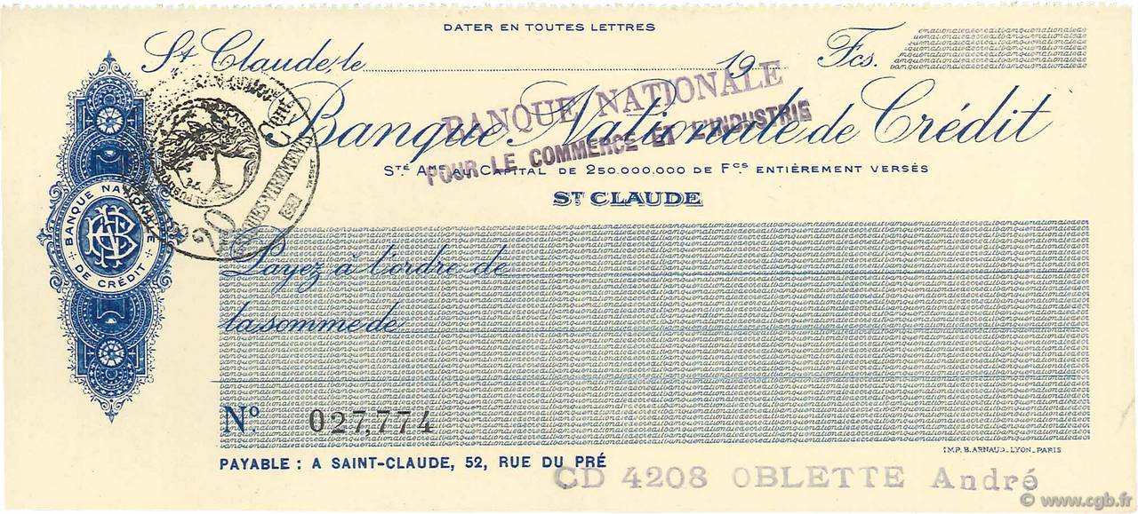 Francs FRANCE regionalismo y varios St.Claude 1915 DOC.Chèque SC