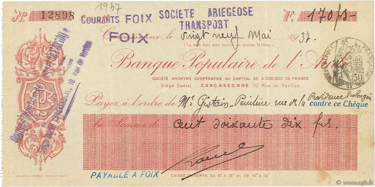 170 Francs FRANCE regionalism and miscellaneous Carcassonne 1937 DOC.Chèque VF