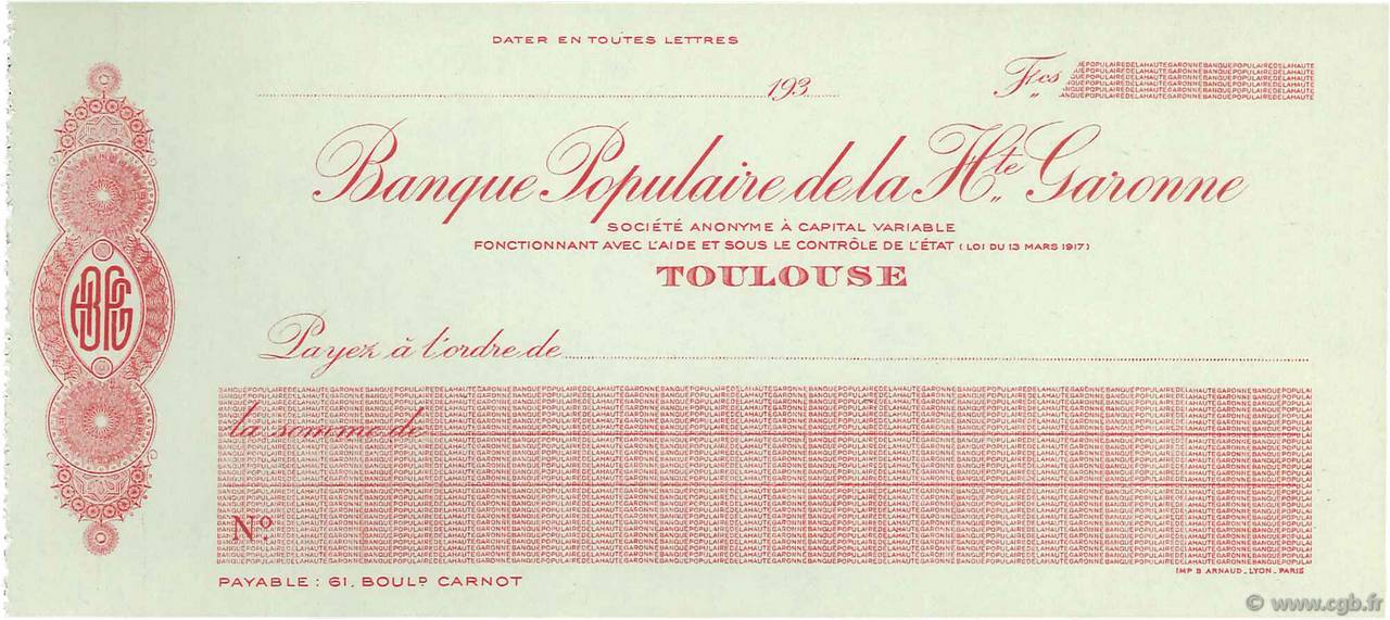 Francs FRANCE regionalism and various Toulouse 1930 DOC.Chèque UNC
