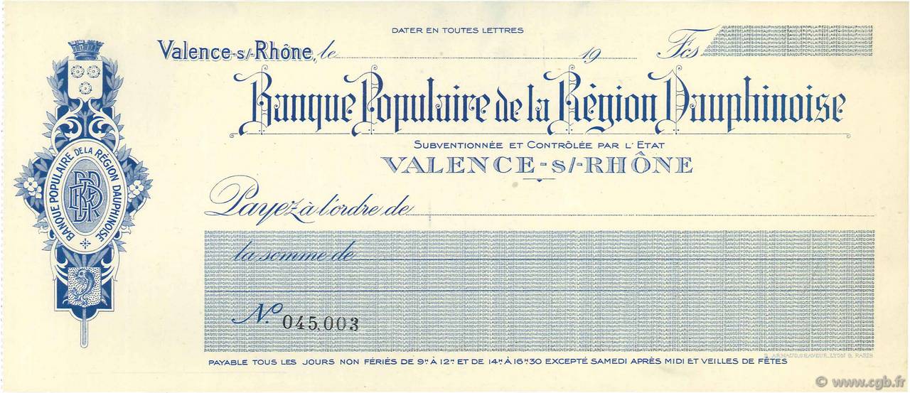 Francs FRANCE regionalismo e varie Valence-Sur-Rhône 1917 DOC.Chèque SPL
