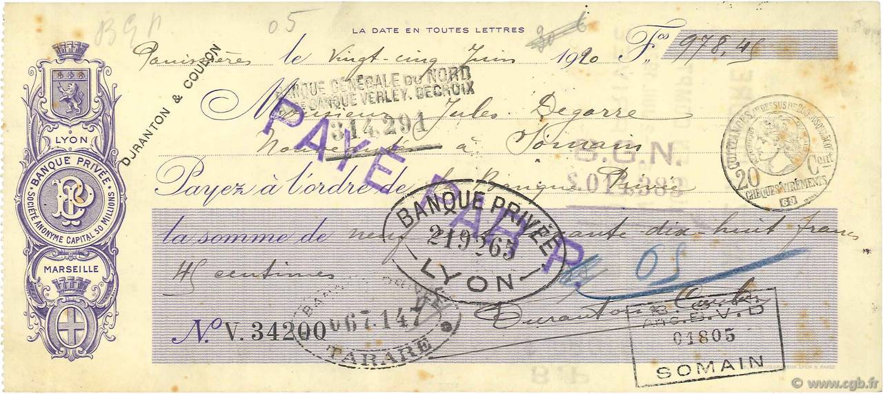 978,45 Francs FRANCE regionalism and various Lyon 1920 DOC.Chèque VF