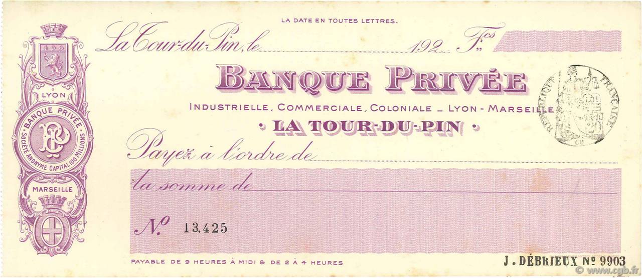 Francs FRANCE regionalismo y varios La Tour-Du-Pin 1924 DOC.Chèque EBC