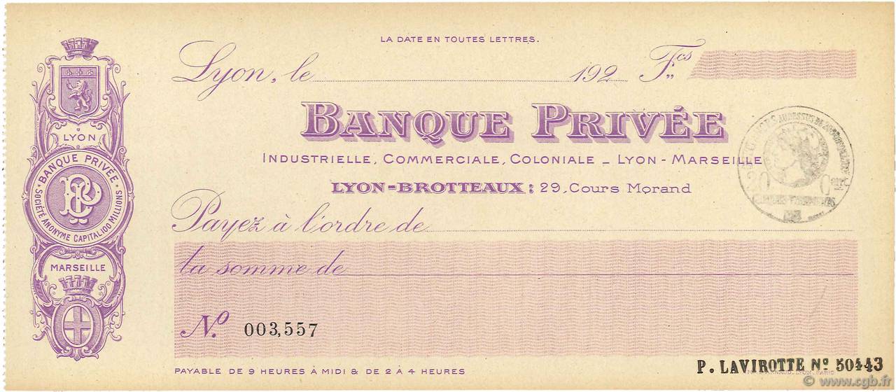 Francs FRANCE Regionalismus und verschiedenen Lyon 1924 DOC.Chèque ST