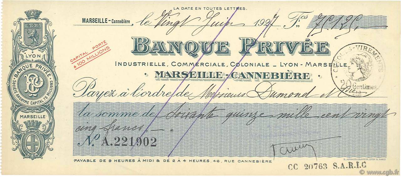 75125 Francs FRANCE regionalism and various Marseille 1927 DOC.Chèque XF