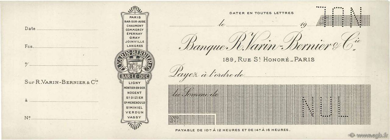 Francs Non émis FRANCE regionalism and various Paris 1900 DOC.Chèque AU