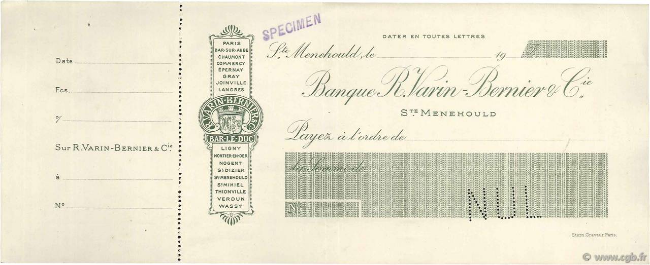 Francs Spécimen FRANCE Regionalismus und verschiedenen Ste Menehould 1900 DOC.Chèque VZ