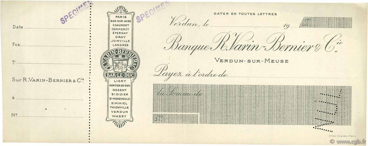 Francs Spécimen FRANCE regionalism and miscellaneous Verdun-Sur-Meuse 1900 DOC.Chèque XF