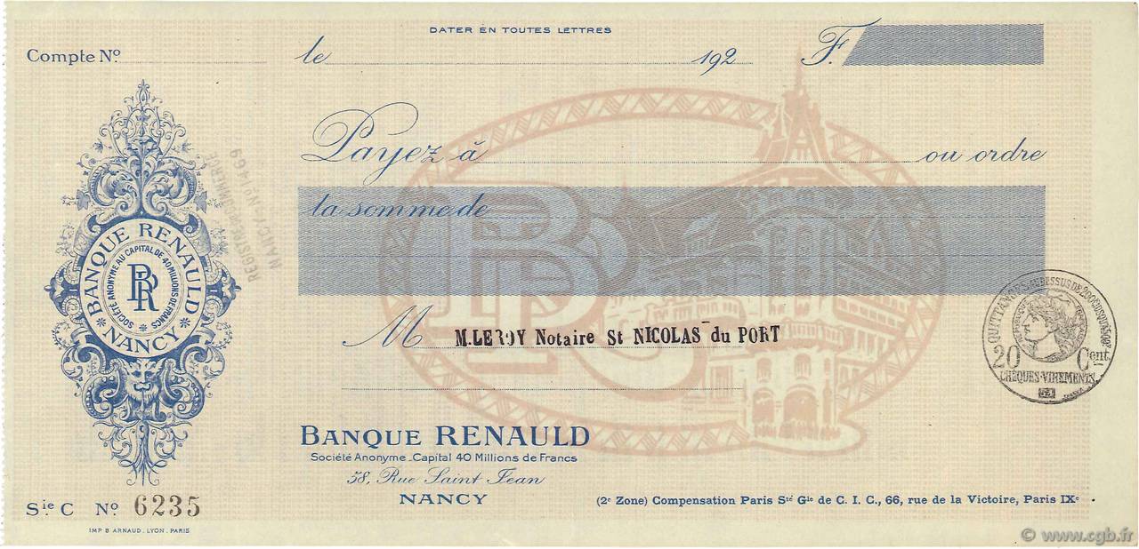 Francs FRANCE regionalism and various Nancy 1920 DOC.Chèque XF