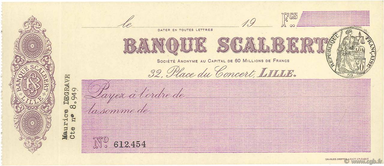 Francs FRANCE Regionalismus und verschiedenen Lille 1933 DOC.Chèque VZ