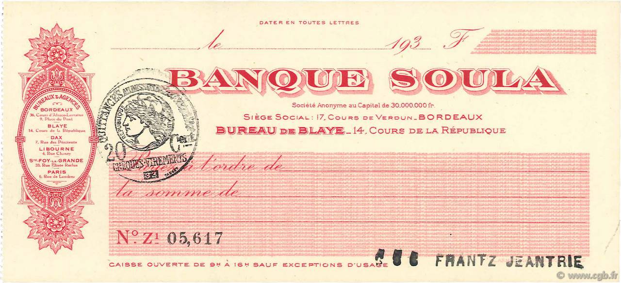 Francs FRANCE regionalismo e varie Bordeaux 1930 DOC.Chèque SPL