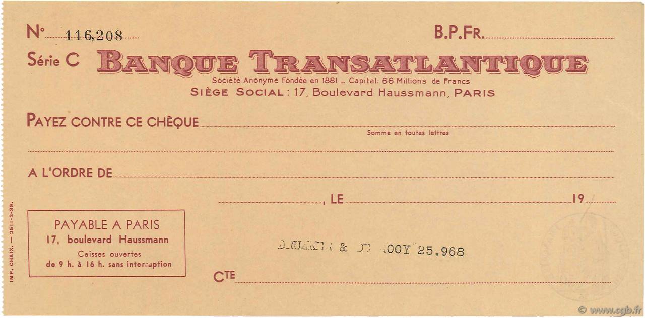 Francs FRANCE regionalism and various Paris 1933 DOC.Chèque AU