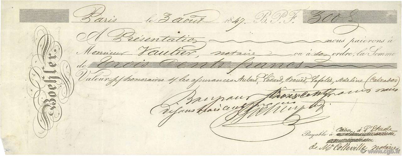 300 Francs FRANCE regionalism and various Paris 1847 DOC.Chèque VF