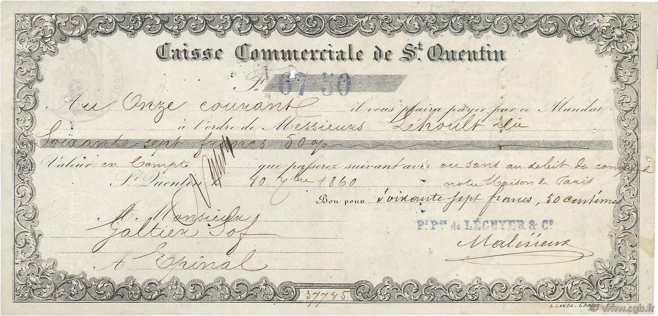 67,50 Francs FRANCE regionalism and miscellaneous Saint Quentin 1860 DOC.Mandat VF