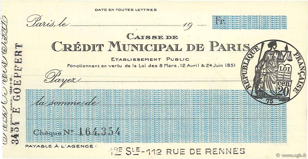 Francs FRANCE Regionalismus und verschiedenen Paris 1924 DOC.Chèque fST