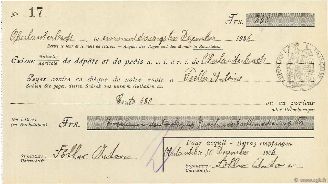 238 Francs FRANCE Regionalismus und verschiedenen Oberlauterbach 1936 DOC.Chèque VZ