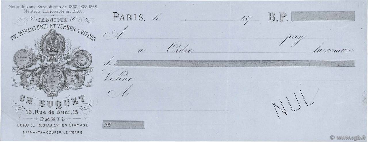Francs Non émis FRANCE regionalism and various Paris 1870 DOC.Chèque XF