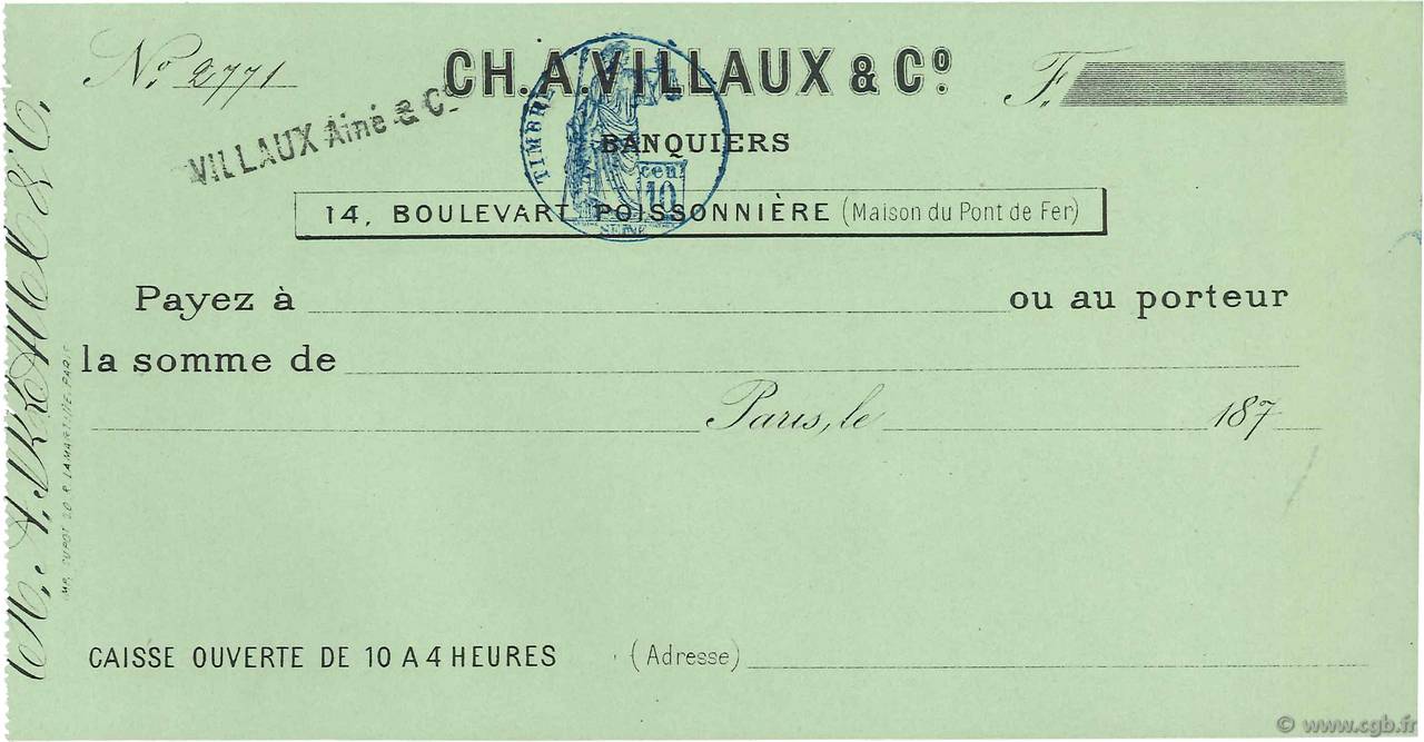 Francs FRANCE regionalism and miscellaneous Paris 1871 DOC.Chèque AU