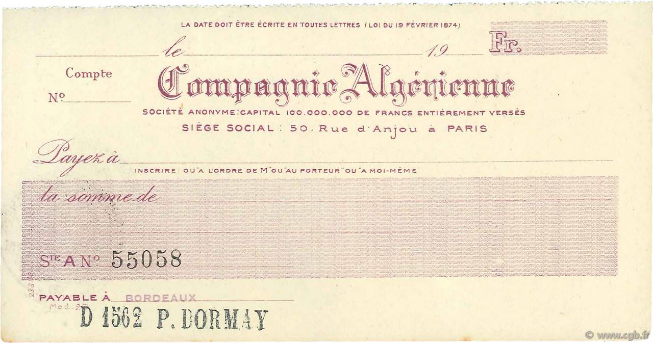 Francs FRANCE regionalismo y varios Bordeaux 1915 DOC.Chèque EBC