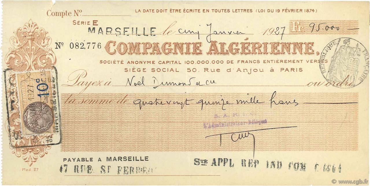 95000 Francs FRANCE regionalismo y varios Paris 1927 DOC.Chèque MBC