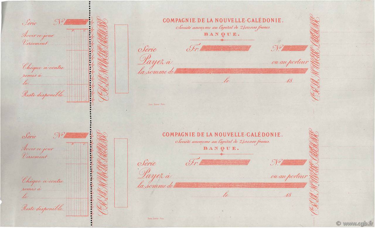 Francs Planche FRANCE regionalism and miscellaneous Nouméa 1872 DOC.Chèque XF