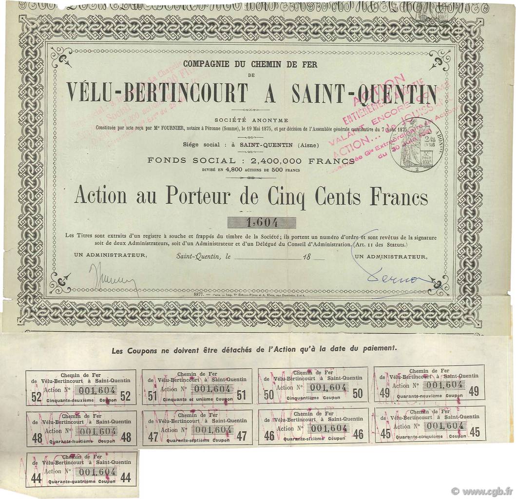 500 Francs FRANCE regionalismo y varios Saint Quentin 1875 DOC.Chèque MBC