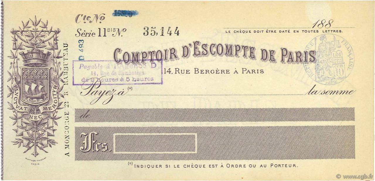 Francs FRANCE regionalism and various Paris 1880 DOC.Chèque XF