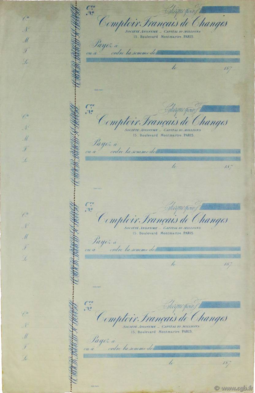 Francs Planche FRANCE regionalismo e varie Paris 1870 DOC.Chèque BB