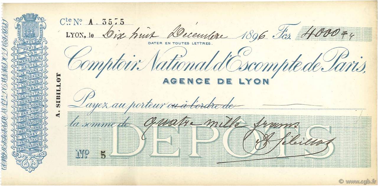 4000 Francs FRANCE regionalism and miscellaneous Lyon 1896 DOC.Chèque XF