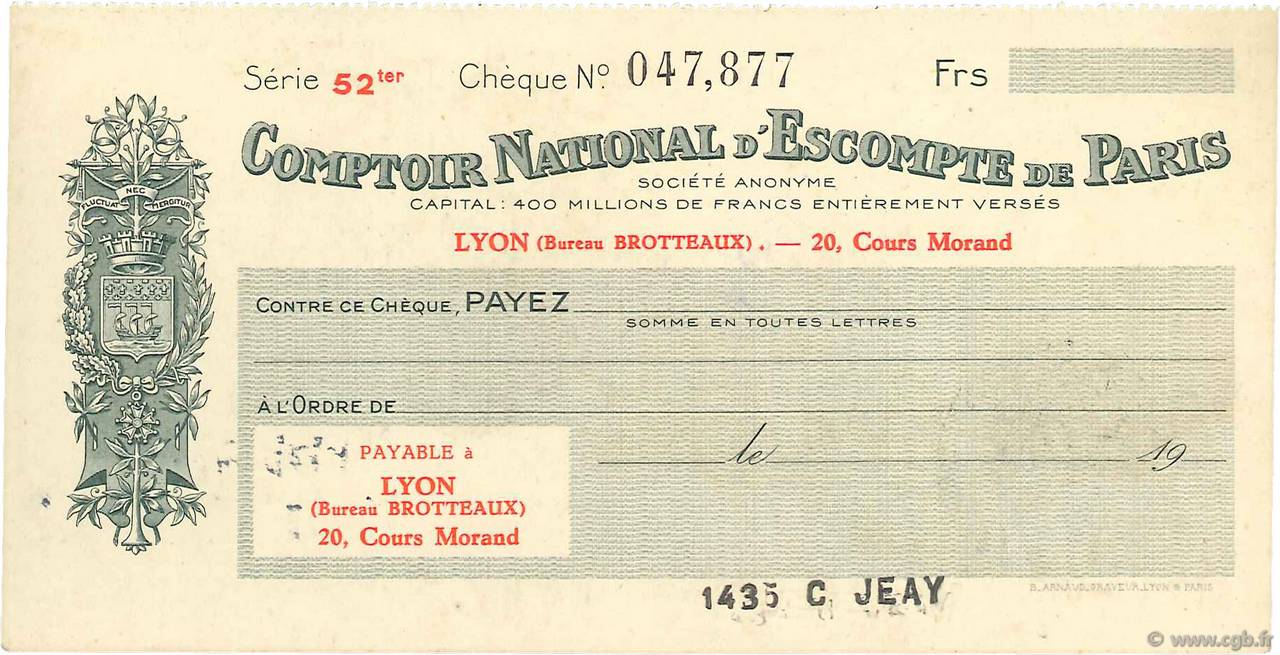 Francs FRANCE regionalismo e varie Lyon 1933 DOC.Chèque SPL