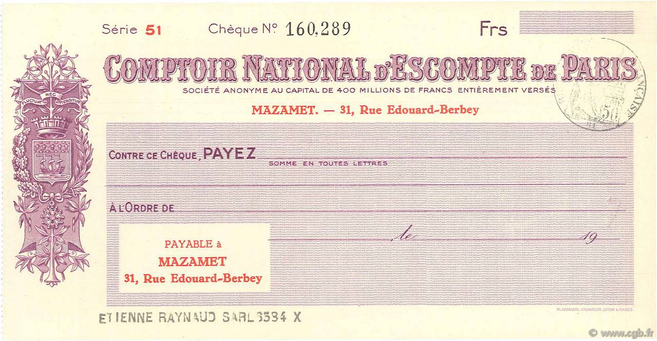 Francs FRANCE regionalismo y varios Mazamet 1933 DOC.Chèque SC