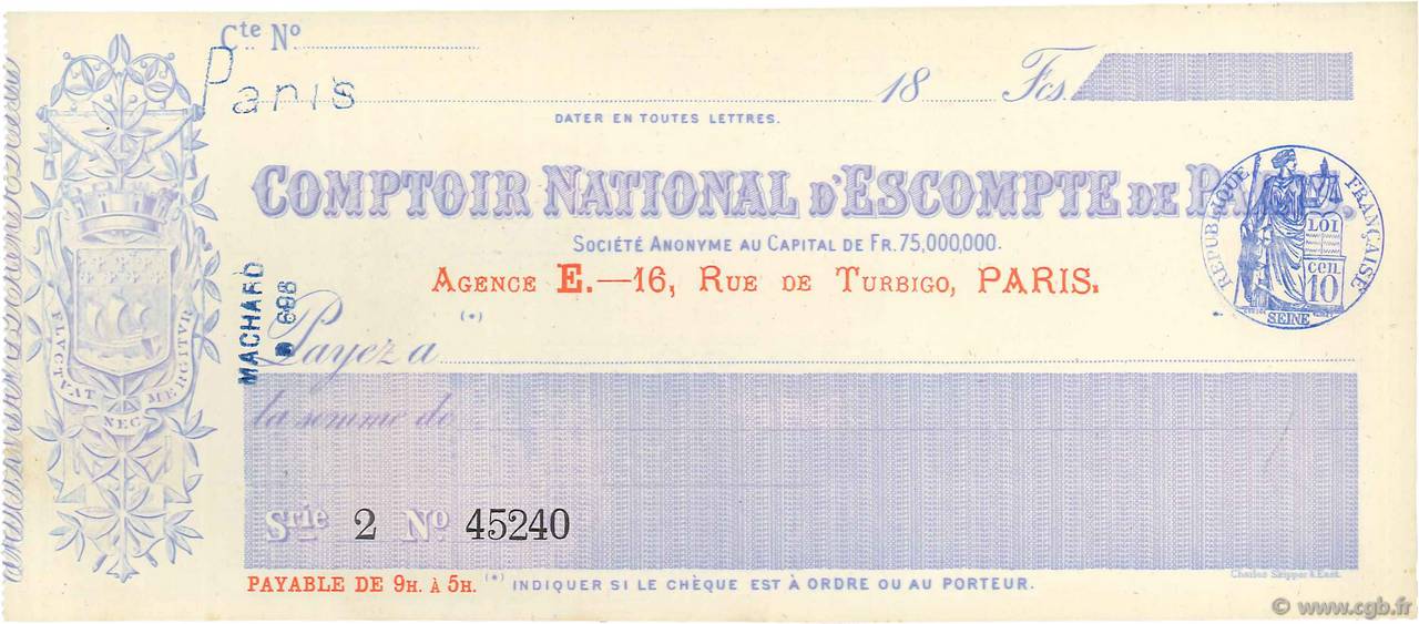 Francs FRANCE regionalismo y varios Paris 1874 DOC.Chèque SC