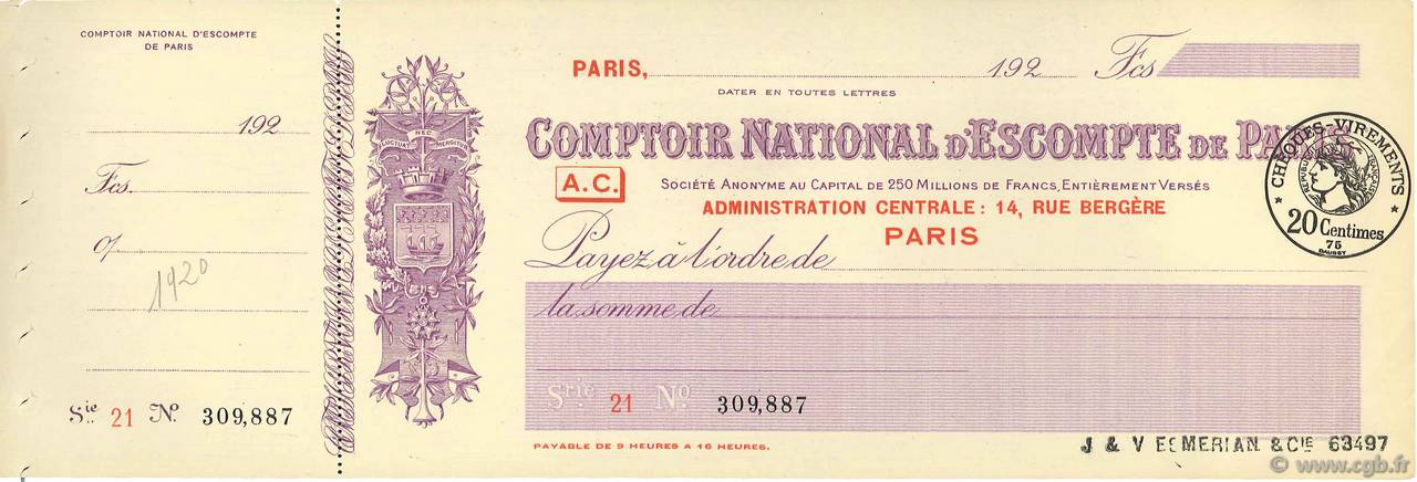 Francs FRANCE regionalism and various Paris 1924 DOC.Chèque XF