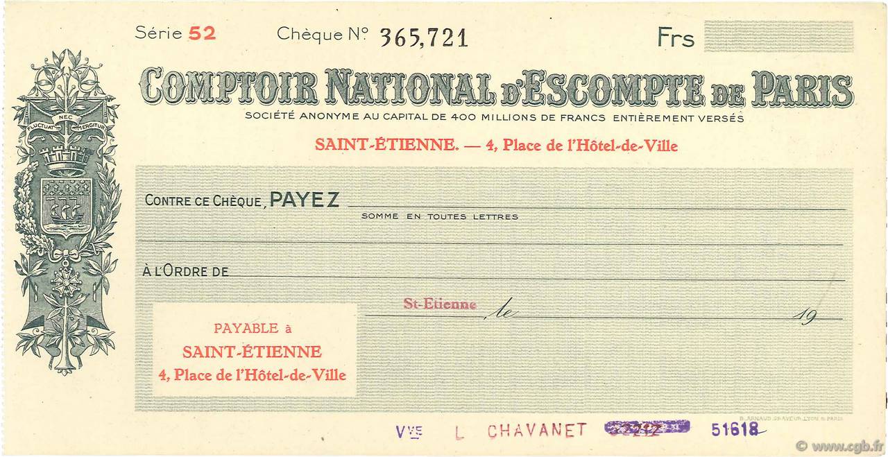 Francs FRANCE regionalismo e varie Saint-Étienne 1938 DOC.Chèque AU