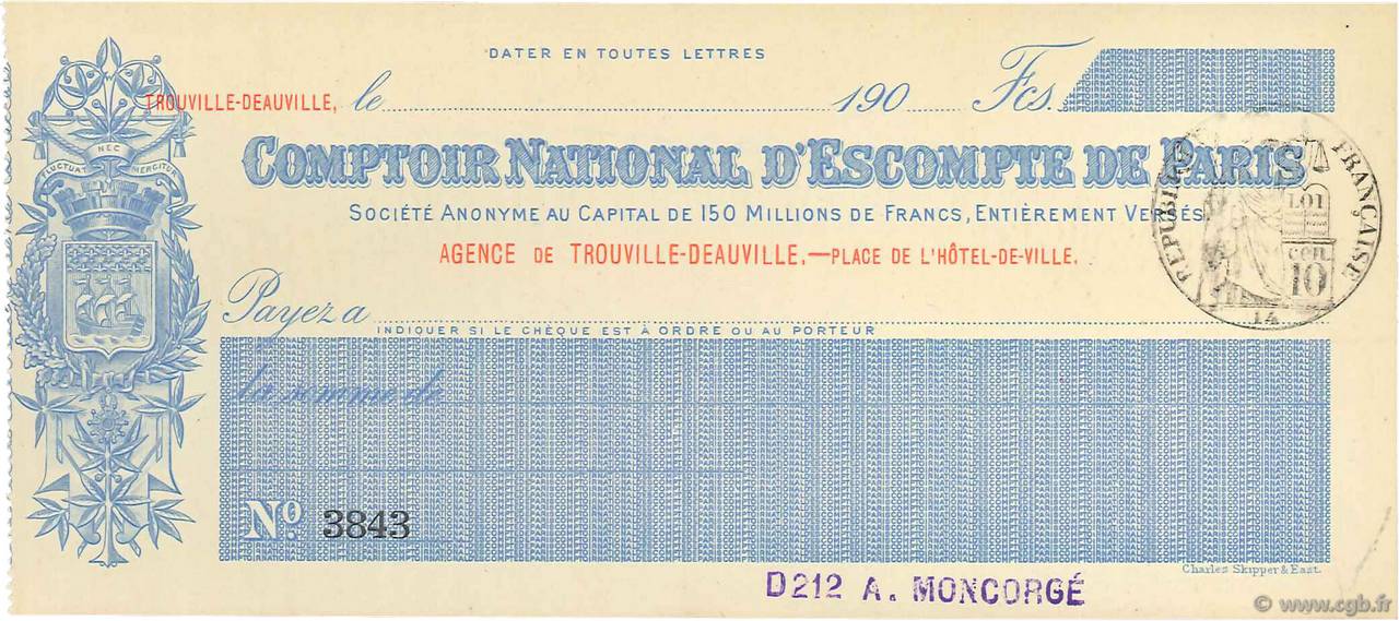 Francs FRANCE regionalism and various Trouville-Deauville 1900 DOC.Chèque UNC