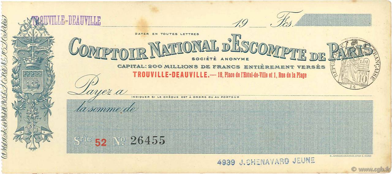 Francs FRANCE regionalism and miscellaneous Trouville-Deauville 1900 DOC.Chèque XF