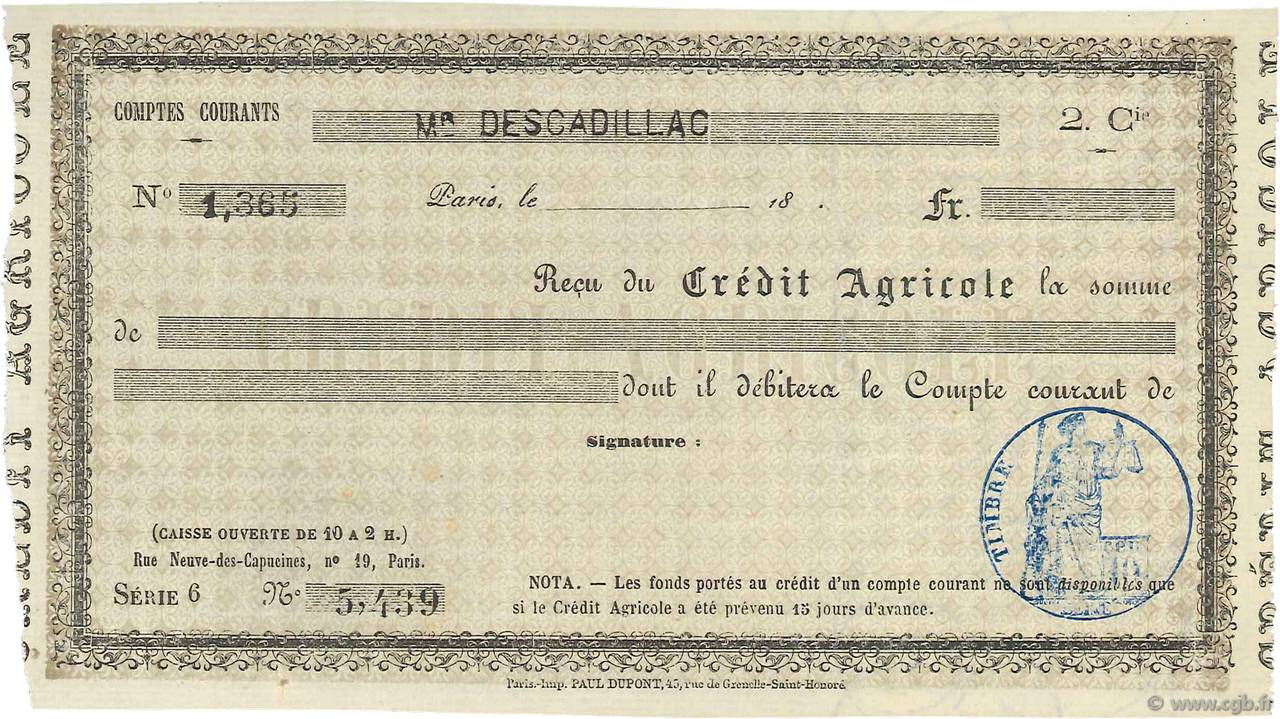 Francs FRANCE Regionalismus und verschiedenen Paris 1871 DOC.Reçu VZ