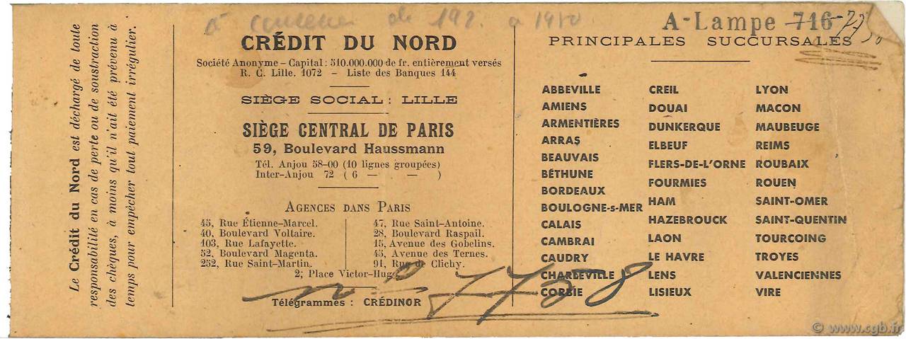 Francs FRANCE regionalism and miscellaneous Paris 1920 DOC.Chèque VF