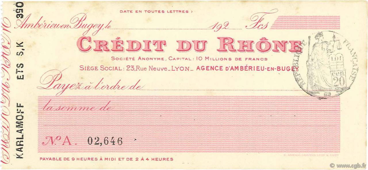 Francs FRANCE regionalism and various Ambérieu-en-Bugey 1924 DOC.Chèque XF