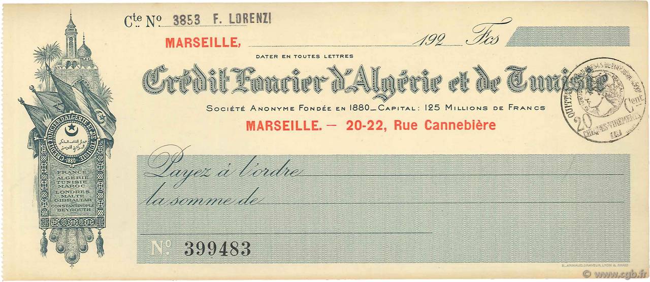 Francs FRANCE Regionalismus und verschiedenen Marseille 1920 DOC.Chèque VZ
