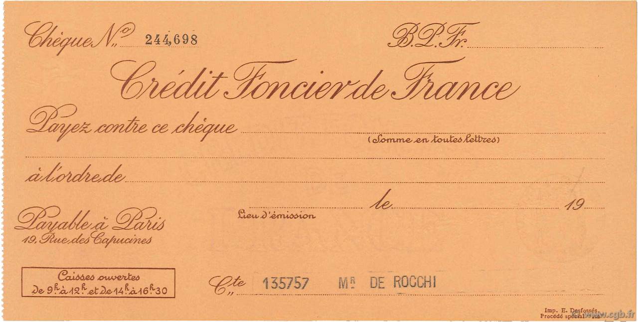 Francs FRANCE regionalism and miscellaneous Paris 1933 DOC.Chèque AU