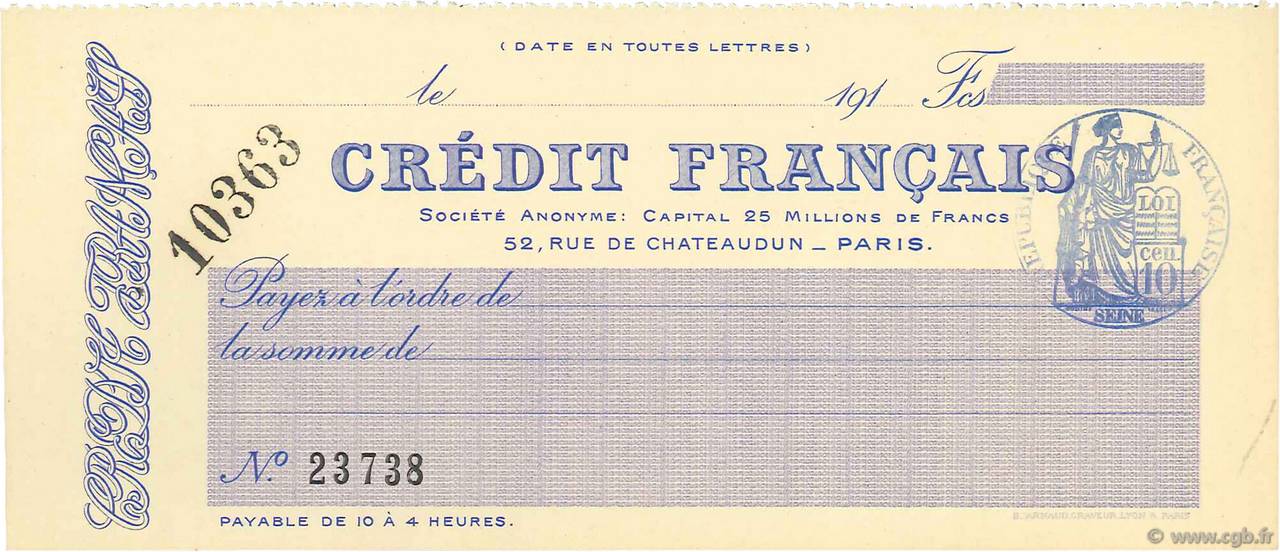 Francs FRANCE regionalism and miscellaneous Paris 1910 DOC.Chèque UNC