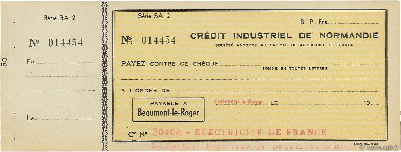 Francs FRANCE regionalismo e varie Beaumont-Le-Roger 1932 DOC.Chèque SPL
