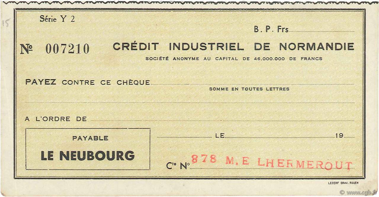 Francs FRANCE regionalismo y varios Le Neubourg 1932 DOC.Chèque EBC
