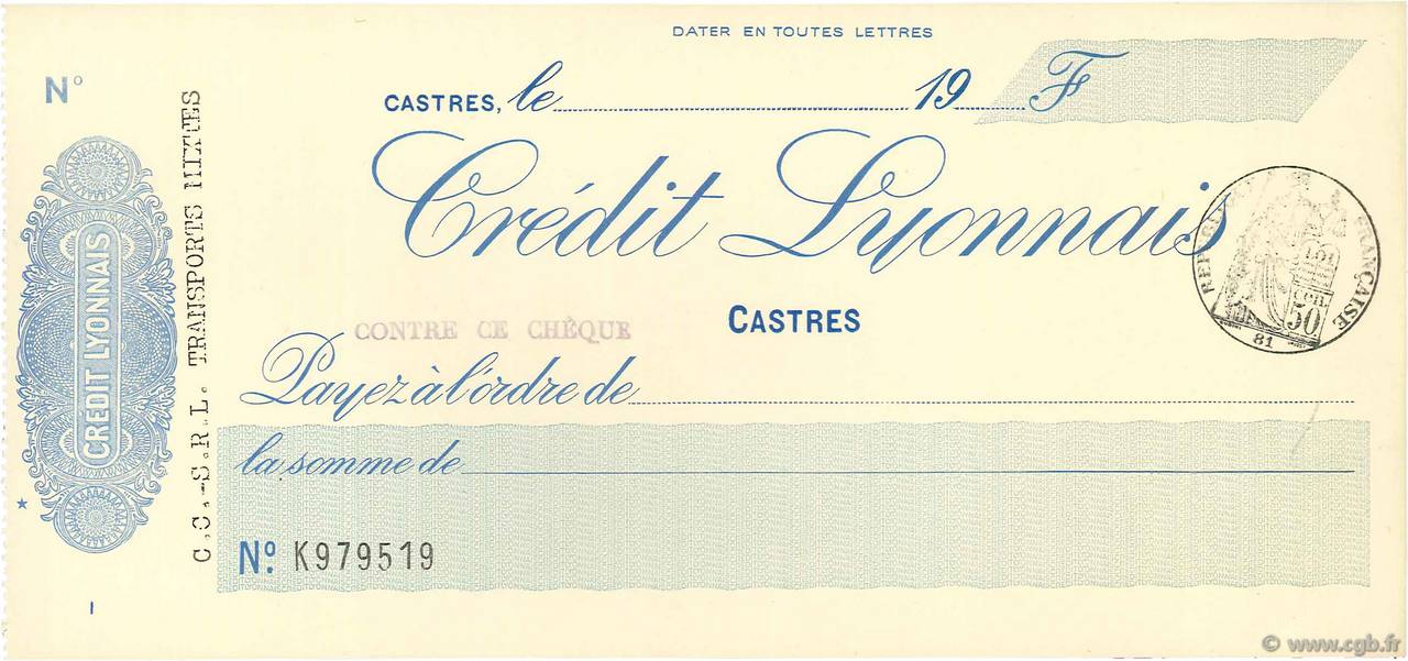 Francs FRANCE regionalism and miscellaneous Castres 1933 DOC.Chèque AU