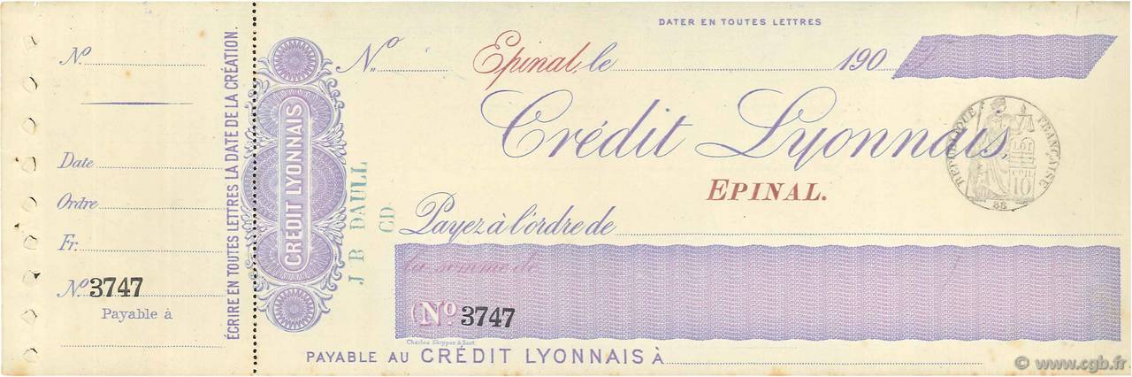 Francs FRANCE regionalism and miscellaneous Épinal 1900 DOC.Chèque XF
