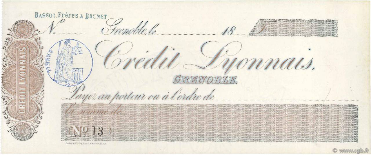 Francs FRANCE regionalism and various Grenoble 1871 DOC.Chèque AU