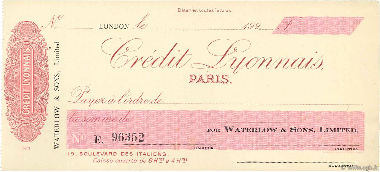 Francs FRANCE regionalismo y varios Londres 1920 DOC.Chèque SC